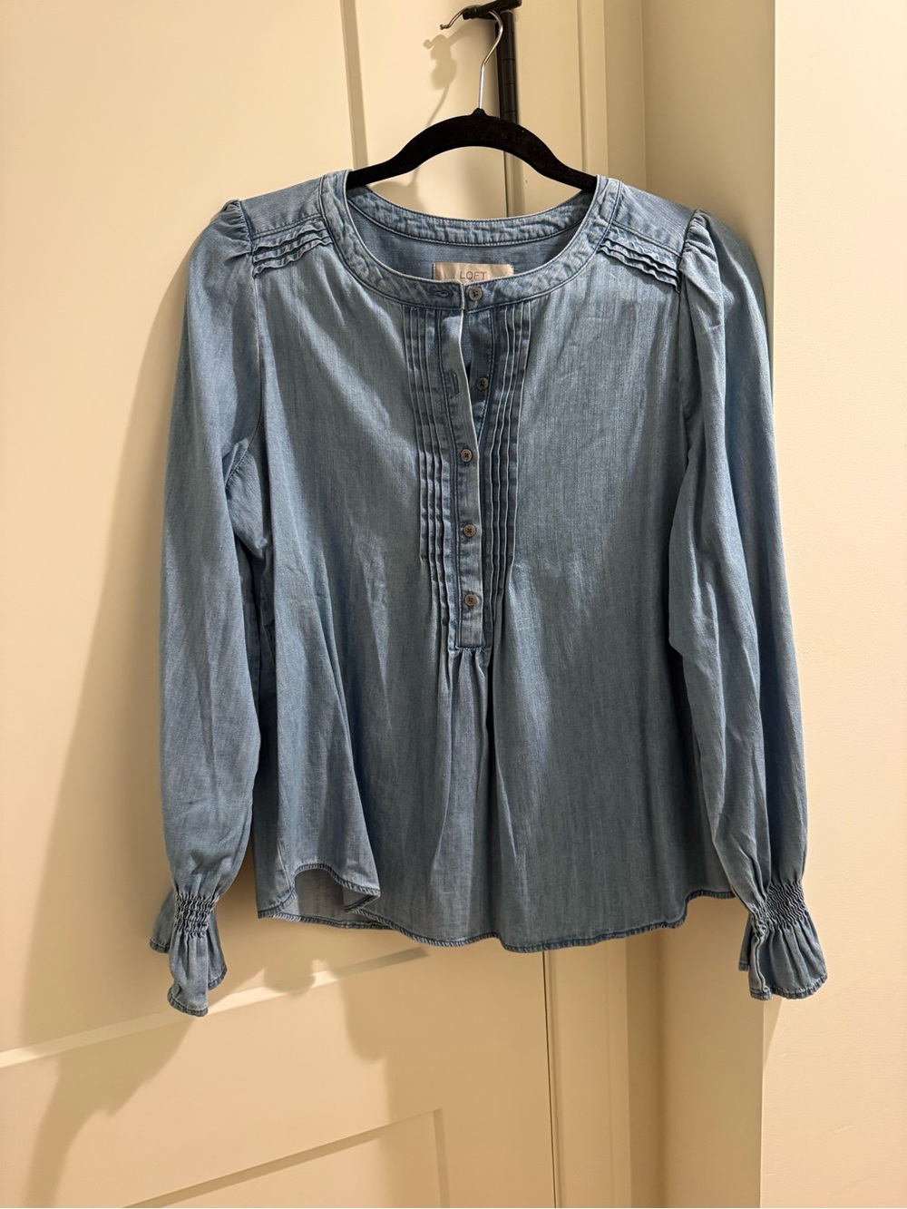 LOFT Light Blue Denim Pintuck Button-Front Blouse